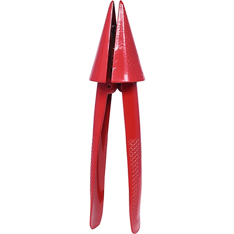 Rote Zitronenschale aus Metall, geformt wie eine Zange.