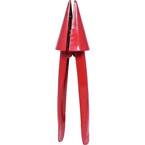 Rote Zitronenpresse, spitz zulaufend, mit Griffen. Aus Kunststoff.