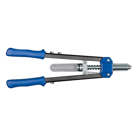 A rivet gun on a white background. It has blue handles, a black body and a transparent container.