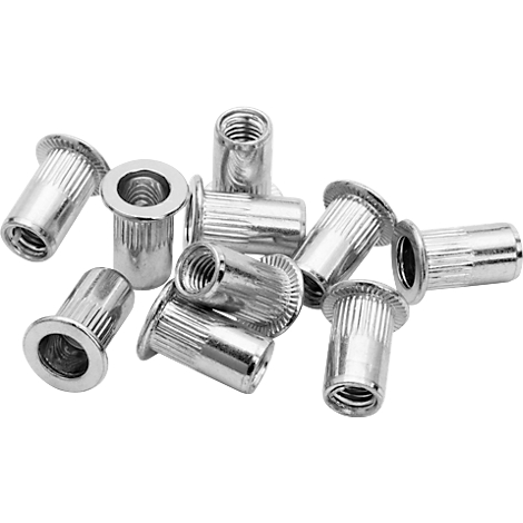 Close-up of silver rivet nuts scattered on a white surface. The nuts have a cylindrical body and a flange.