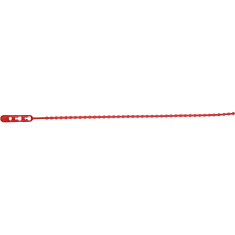Close-up of a red hose with corrugated ribs and a cylindrical part with white symbols.