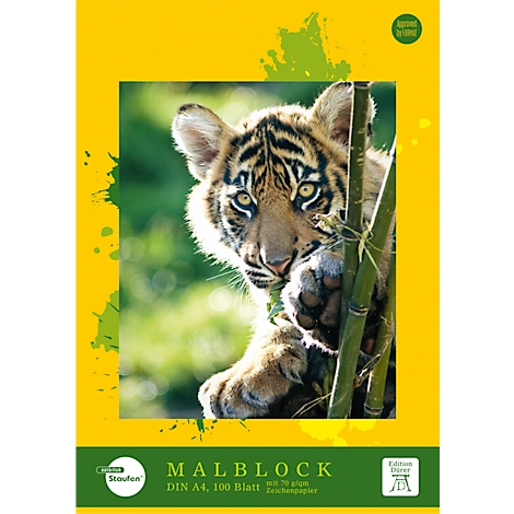Jeune tigre regardant à travers des bambous, couverture de carnet de croquis. Fond jaune avec texte : Bloc-notes, DIN A4, 100 feuilles, papier à dessin.