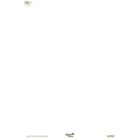 Une feuille de papier blanche, avec des perforations en haut, et un logo et du texte en bas.