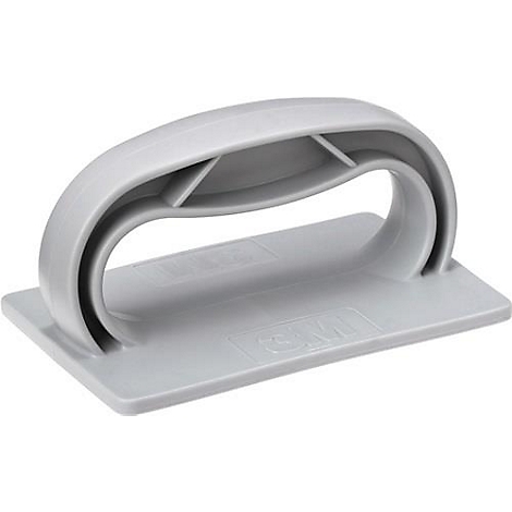 Poignée grise et ergonomique pour outils avec prise. Poignée incurvée en haut avec une base rectangulaire. Logo 3M.