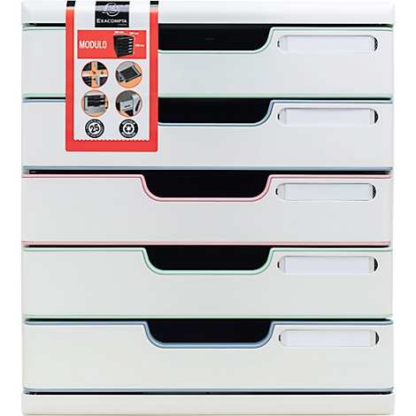 Organisateur de bureau blanc avec tiroirs. Les tiroirs sont bordés de couleurs. Une étiquette est attachée.