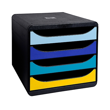 Système de rangement noir avec quatre tiroirs colorés : bleu clair, bleu, turquoise et jaune.