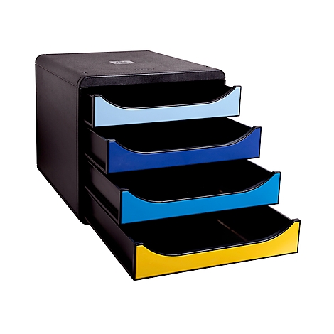 Système de classement noir multicouche avec quatre tiroirs mis en valeur par le bleu et le jaune.