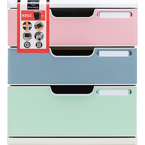 Boîte à tiroirs multicolore avec trois tiroirs en rose, bleu et vert menthe. Un cadre blanc en haut et un autre tiroir en bas.