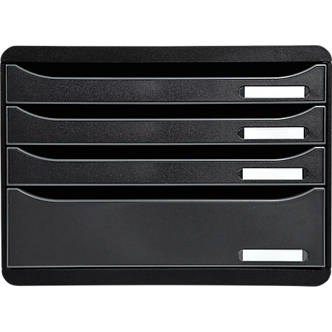 Organiseur de fichiers vertical noir avec quatre compartiments et champs d'étiquettes.