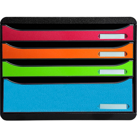Bac à courrier noir avec quatre tiroirs colorés : rouge, orange, vert et bleu. Chaque tiroir a une étiquette de nom blanche.
