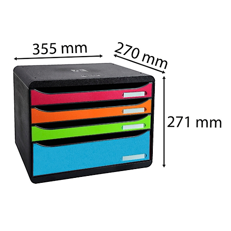Boîte empilable noire avec quatre tiroirs rose, orange, vert et bleu. Dimensions en mm spécifiées.