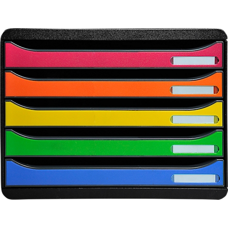 Bac de rangement multicolore à 6 compartiments : rouge, orange, jaune, vert et bleu. Chaque compartiment a un petit champ d'étiquette blanc.