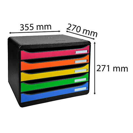 Pile de bacs à documents noirs avec cinq compartiments colorés : rouge, orange, jaune, vert et bleu. Les dimensions sont indiquées : 355 x 270 x 271 mm.