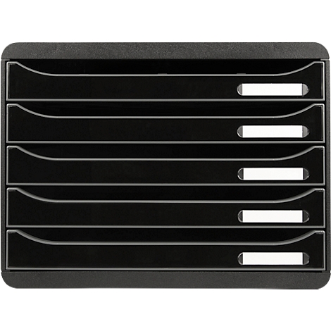 Système de classement empilable noir avec six compartiments et des champs d'étiquettes blancs.