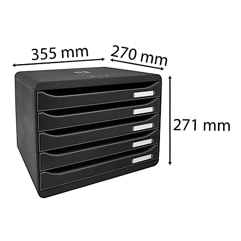 Organisateur de bureau noir avec 5 tiroirs et spécifications de taille.
