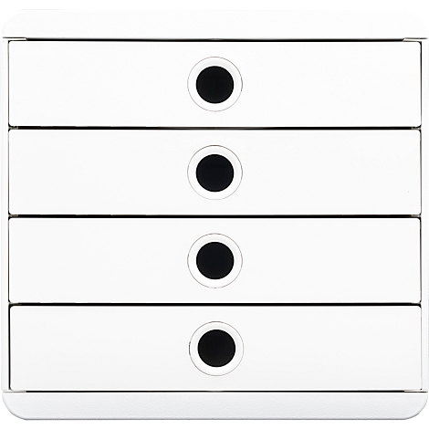 Meuble à tiroirs blanc avec quatre tiroirs. Chaque tiroir possède une poignée noire et circulaire.