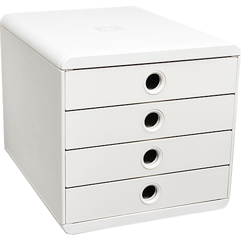 Meuble de rangement cubique blanc avec quatre tiroirs et des ouvertures de poignée noires.