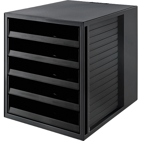 Meuble à tiroirs noir avec cinq compartiments et fermeture à volet roulant.