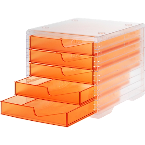 Organiseur de bureau transparent et empilable avec tiroirs orange.
