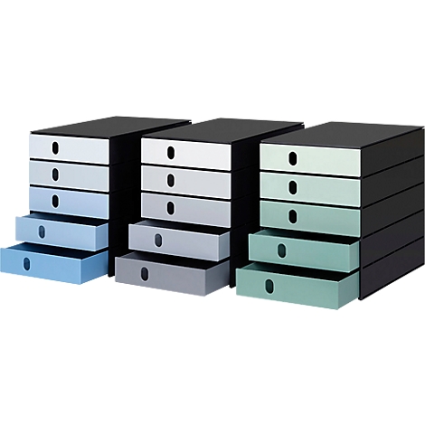 Trois meubles à tiroirs empilés de différentes couleurs, avec tiroirs ouverts.