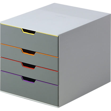 Organisateur de tiroirs gris avec quatre tiroirs bordés de jaune, orange, rouge et violet.