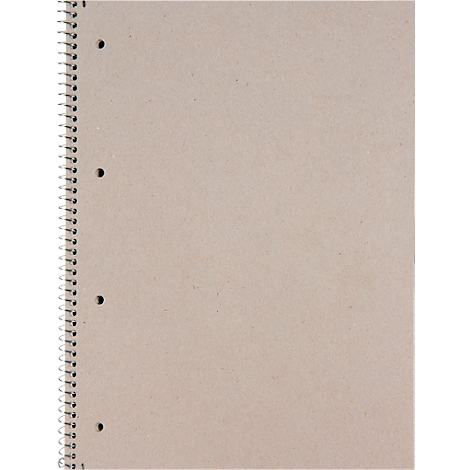 Un carnet en papier recyclé marron avec reliure à spirale et trous de perforation.