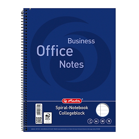 Cahier à spirales Herlitz A4 bleu avec spirale noire et impression Business Office Notes.