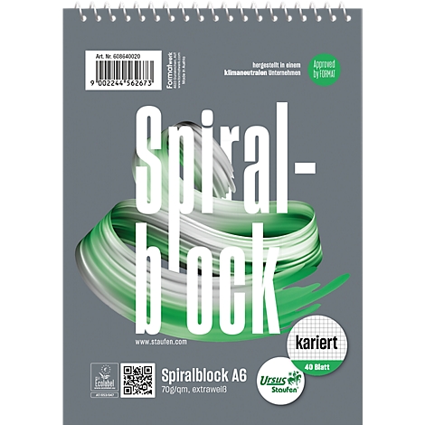 Bloc-notes à spirale gris avec des accents verts et l'inscription "Spiralblock", à carreaux, format A6.