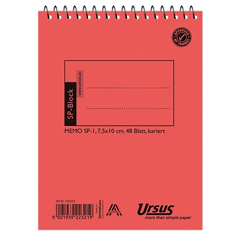 Bloc-notes rouge avec spirale. Impressions : SP-Block, MEMO SP-1, quadrillé, logo Ursus.