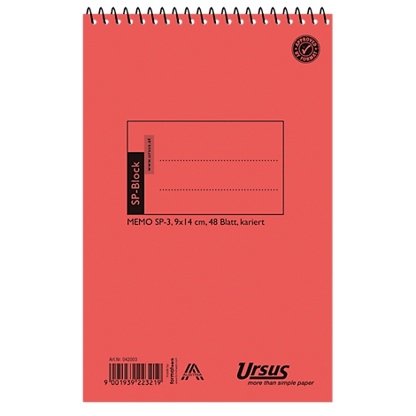 Bloc-notes rouge avec spirale et zone de texte noire. Inscription : SP-Block, 9x14 cm, 48 feuilles, quadrillé.