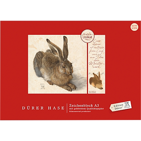 Bloc de croquis rouge avec une peinture de lièvre d'Albrecht Dürer, texte : "Dürer Hase".