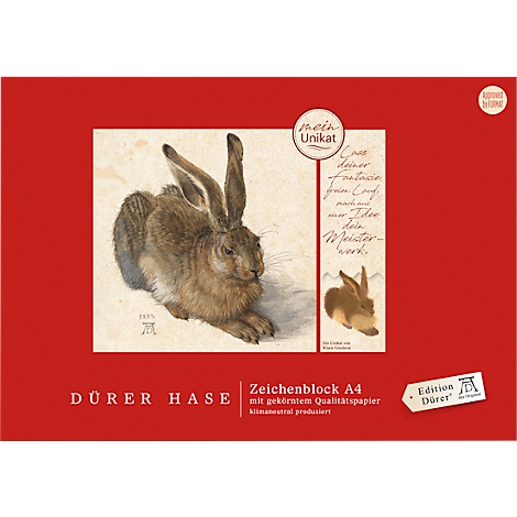 Carnet de croquis avec une peinture de lièvre d'Albrecht Dürer, entourée d'un cadre rouge. Texte en dessous.