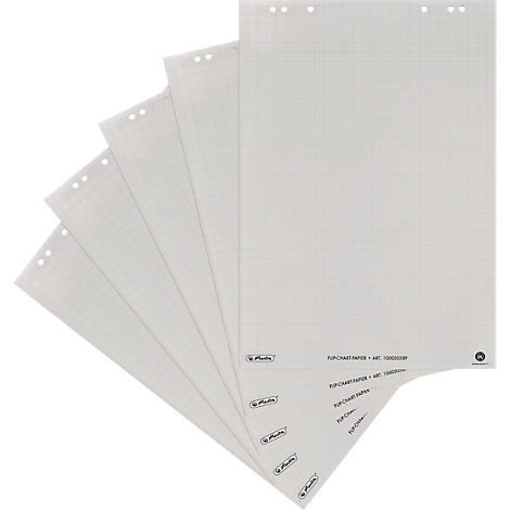 Plusieurs feuilles de papier quadrillé pour chevalet de conférence avec perforations, disposées en éventail.