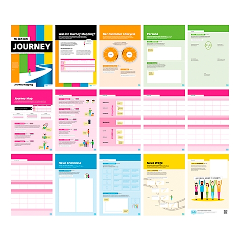 Infographies colorées sur le journey mapping. Image de titre avec la lettre JOURNEY et un chemin. Autres pages avec des diagrammes et du texte.