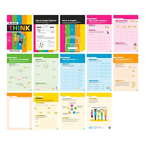 Collage de 12 feuilles de travail de design thinking. Différents formats et couleurs, avec du texte et des graphiques.