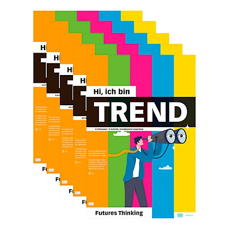 Plusieurs magazines Trend aux couleurs vives avec l'inscription "TREND". Une personne regarde à travers des jumelles.