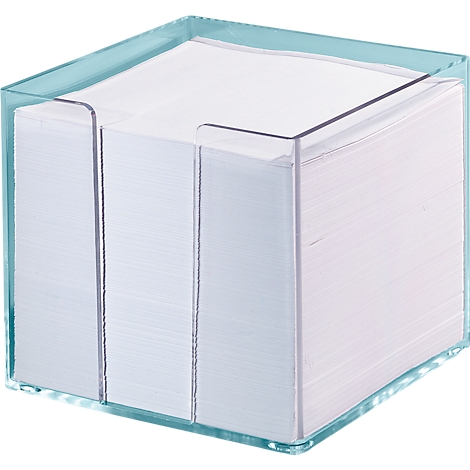 Porte-bloc-notes transparent avec bord turquoise, rempli de blocs-notes blancs. Le support comporte trois fentes.
