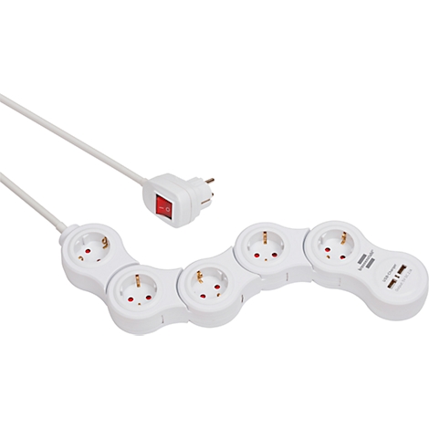 Prise multiple blanche avec interrupteur et connexions USB, connexion par fiche. Les prises sont disposées en cercle.