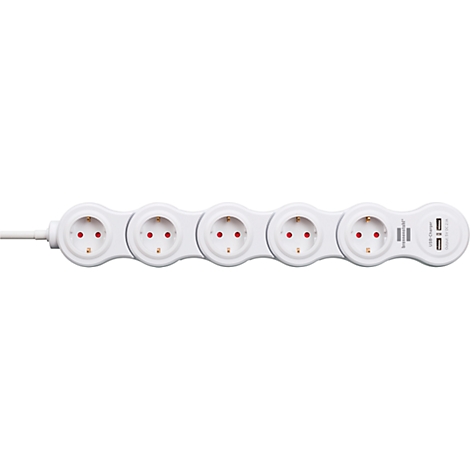Rallonge blanche avec plusieurs prises et ports USB.
