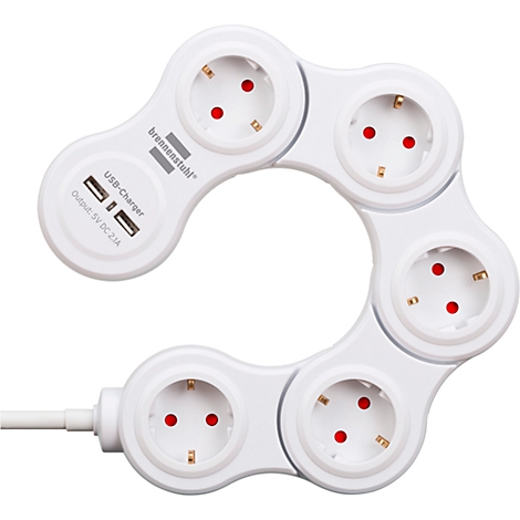 Une multiprise blanche en forme d'anneau avec 5 prises et 2 ports USB, de brennenstuhl.