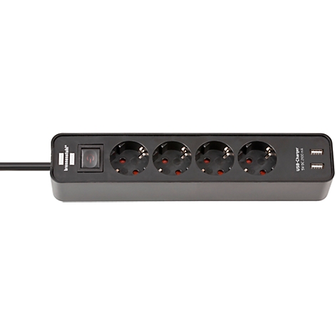 Multiprise noire avec quatre prises, un interrupteur et des ports USB.