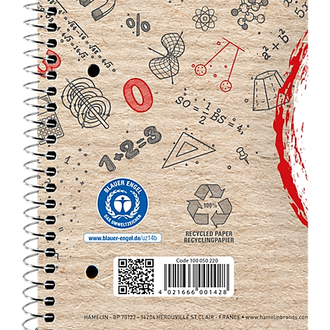Dos d'un cahier à spirales en papier recyclé avec des illustrations mathématiques, le label Ange bleu et un code-barres.