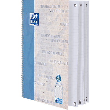 Un cahier Oxford bleu et blanc à spirales, ouvert. Sur la couverture, il est écrit '100% Recycling Papier'.