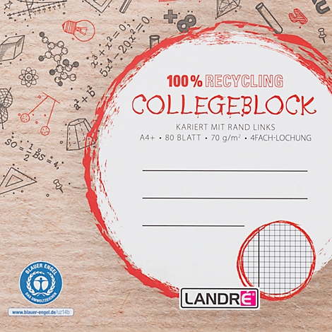 Bloc-notes collégial LANDRÉ Recycling, 80 feuilles, DIN A4+, 70 g/m², 4 perforations, reliure à spirales, OPTIK PAPER®, quadrillé, marge gauche, multicolore