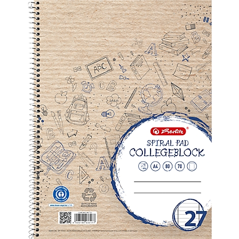 Bloc-notes à spirale A4 avec couverture en papier kraft brun ornée de dessins scolaires ludiques.