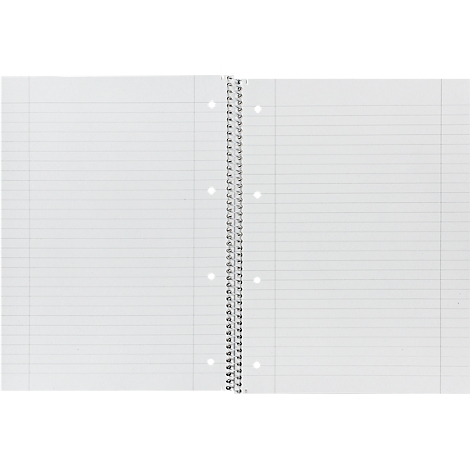 Cahier ouvert avec papier blanc ligné, reliure spirale au centre et quatre perforations par page.