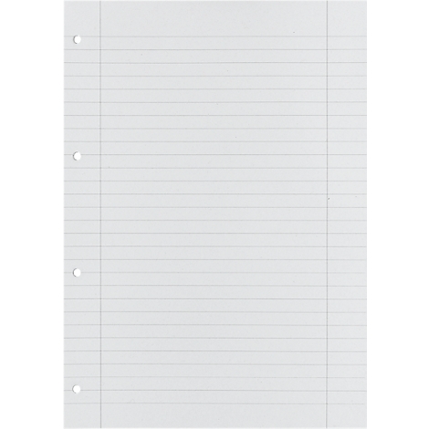 Une feuille de papier blanche lignée avec quatre perforations rondes sur le bord gauche.