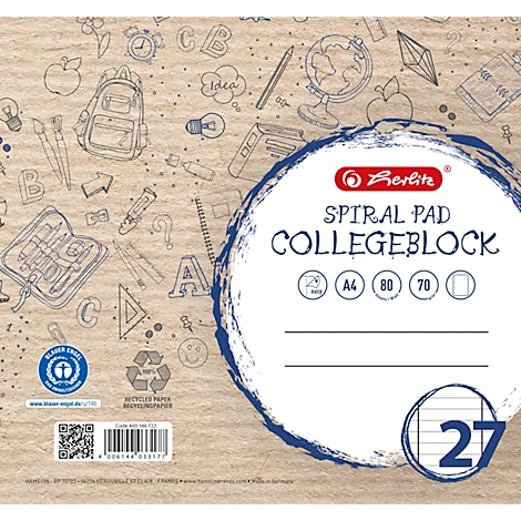 Bloc-notes Herlitz format A4 sur papier recyclé brun avec motifs scolaires, impression bleue et label Ange bleu.