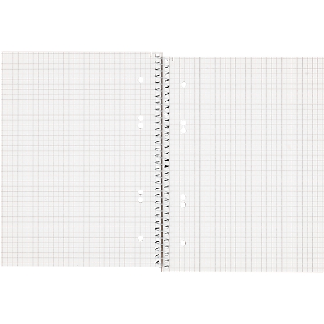 Carnet ouvert avec papier quadrillé blanc et reliure spirale au centre.
