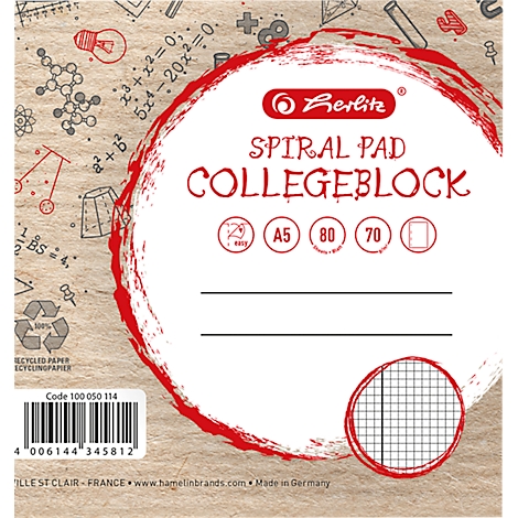 Bloc-notes Herlitz format A5 sur fond beige avec des symboles mathématiques et un logo circulaire rouge.